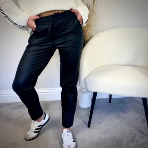 BLACK WET LOOK JOGGERS