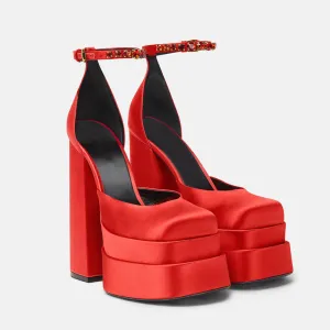 Classy Satin Square Toe Ankle Strap Chunky Heel Platform Sandals - Red