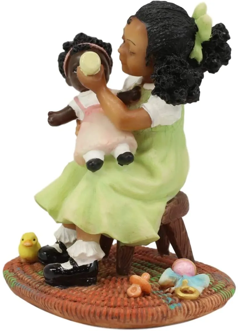 Ebros African American Girl Child Playing Mommy with Baby Doll Statue 3.75" Tall