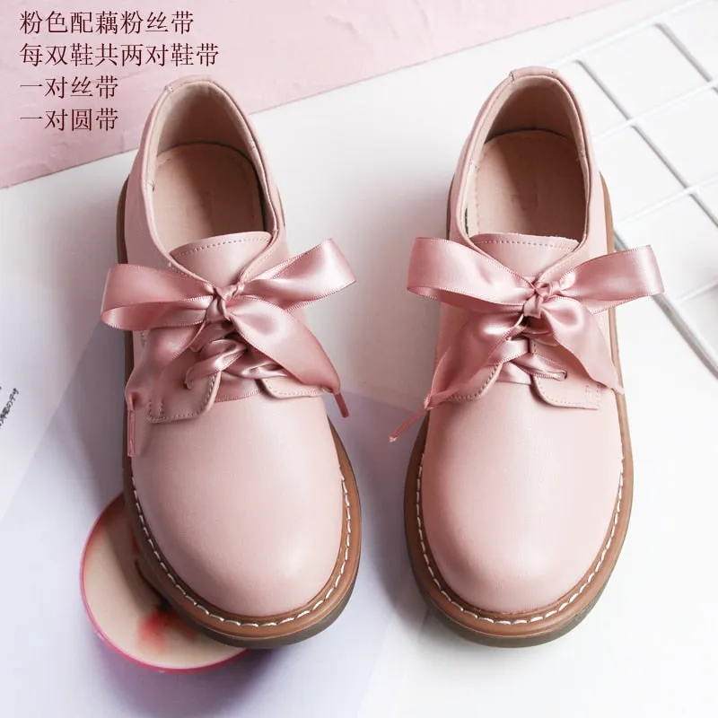 Genuine Leather Japanese Little Pink Shoes Girl Student Cute Soft Sweet Girl Flats Shoes For Women Bow Laces Female Low Heel Cos