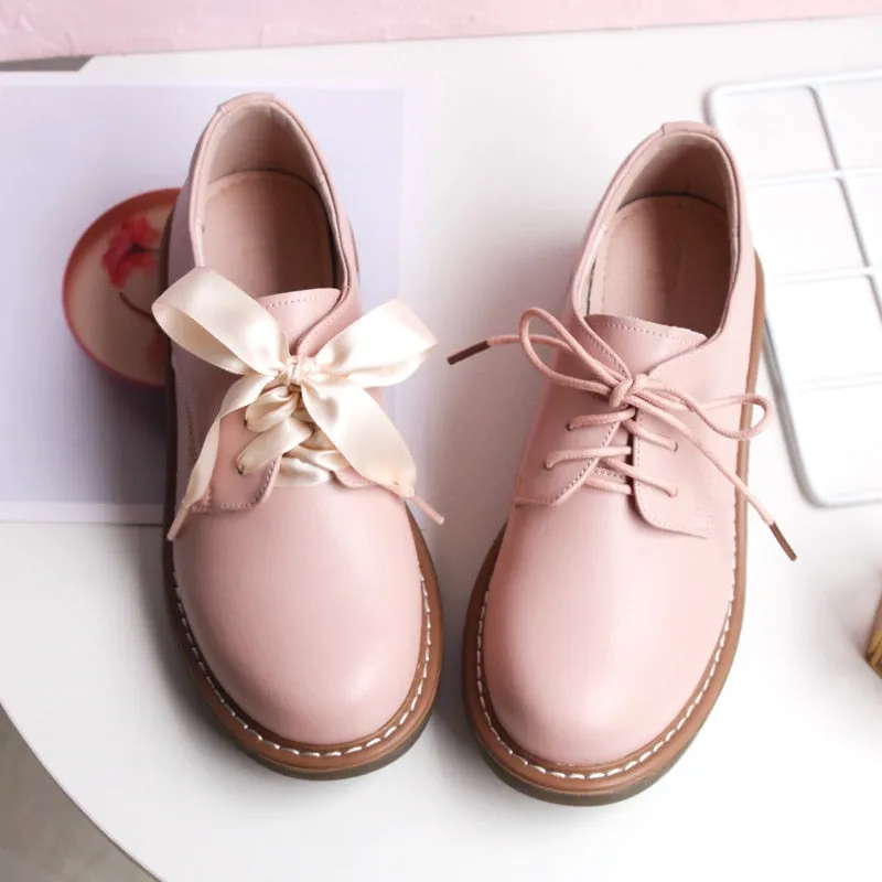 Genuine Leather Japanese Little Pink Shoes Girl Student Cute Soft Sweet Girl Flats Shoes For Women Bow Laces Female Low Heel Cos