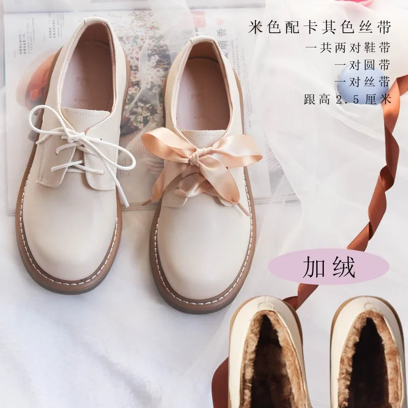 Genuine Leather Japanese Little Pink Shoes Girl Student Cute Soft Sweet Girl Flats Shoes For Women Bow Laces Female Low Heel Cos