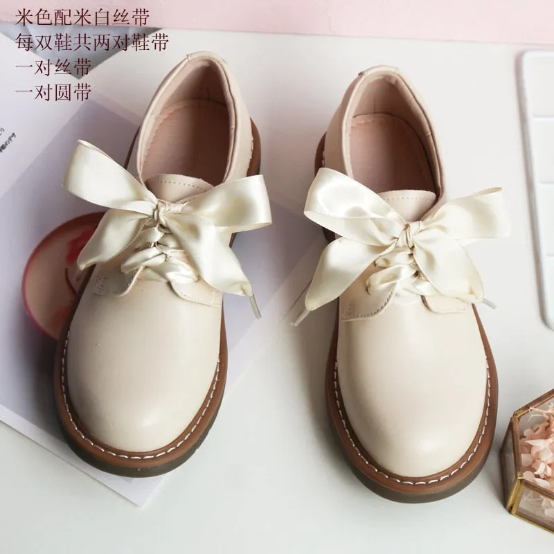 Genuine Leather Japanese Little Pink Shoes Girl Student Cute Soft Sweet Girl Flats Shoes For Women Bow Laces Female Low Heel Cos