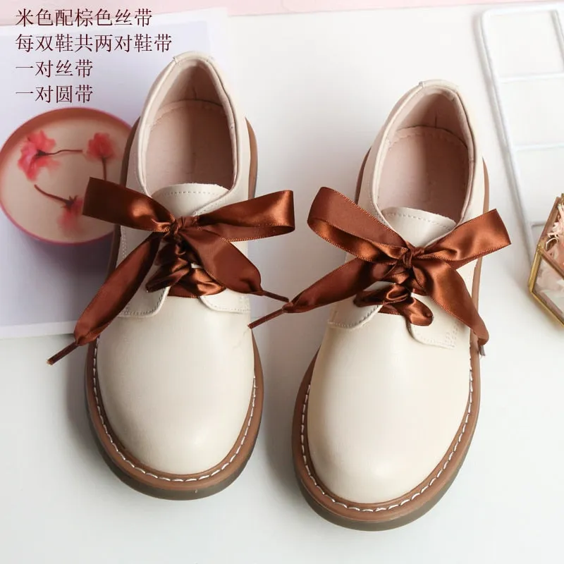 Genuine Leather Japanese Little Pink Shoes Girl Student Cute Soft Sweet Girl Flats Shoes For Women Bow Laces Female Low Heel Cos