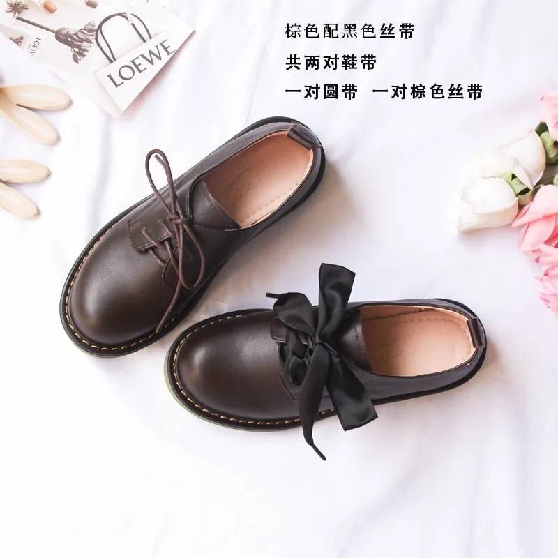 Genuine Leather Japanese Little Pink Shoes Girl Student Cute Soft Sweet Girl Flats Shoes For Women Bow Laces Female Low Heel Cos