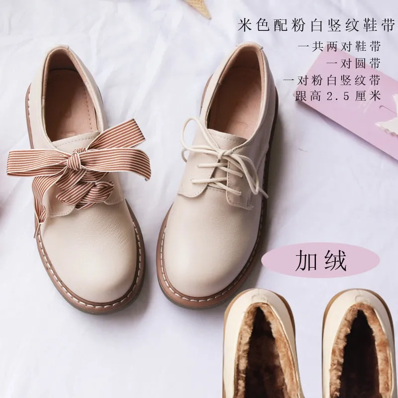Genuine Leather Japanese Little Pink Shoes Girl Student Cute Soft Sweet Girl Flats Shoes For Women Bow Laces Female Low Heel Cos