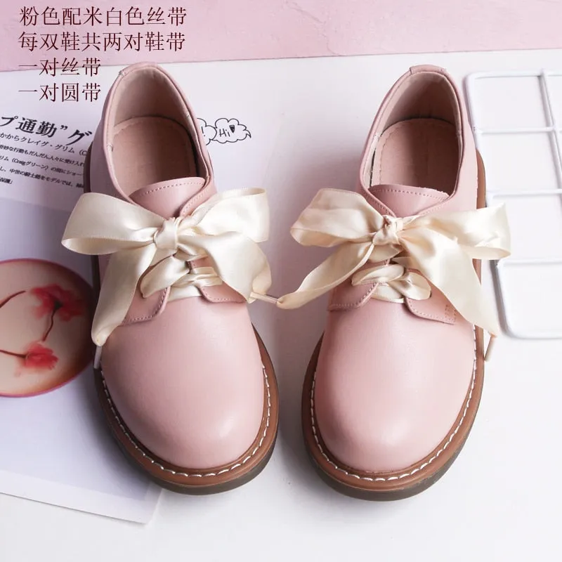Genuine Leather Japanese Little Pink Shoes Girl Student Cute Soft Sweet Girl Flats Shoes For Women Bow Laces Female Low Heel Cos