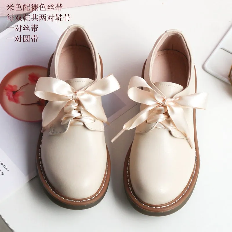 Genuine Leather Japanese Little Pink Shoes Girl Student Cute Soft Sweet Girl Flats Shoes For Women Bow Laces Female Low Heel Cos
