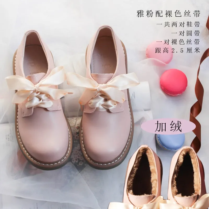 Genuine Leather Japanese Little Pink Shoes Girl Student Cute Soft Sweet Girl Flats Shoes For Women Bow Laces Female Low Heel Cos