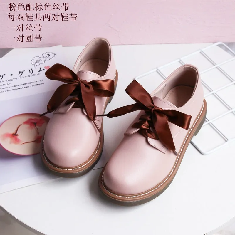 Genuine Leather Japanese Little Pink Shoes Girl Student Cute Soft Sweet Girl Flats Shoes For Women Bow Laces Female Low Heel Cos