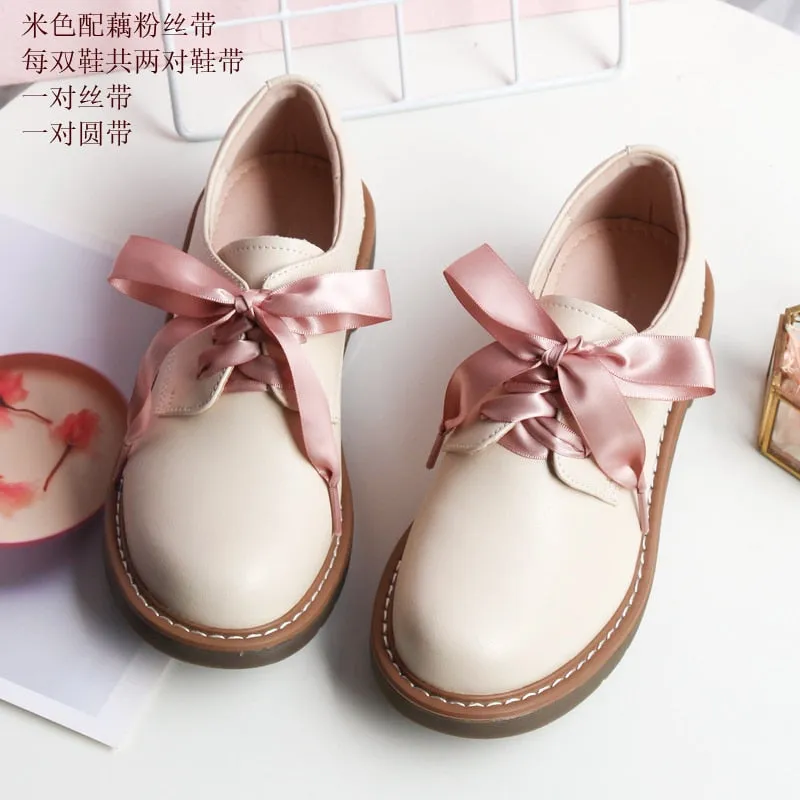 Genuine Leather Japanese Little Pink Shoes Girl Student Cute Soft Sweet Girl Flats Shoes For Women Bow Laces Female Low Heel Cos