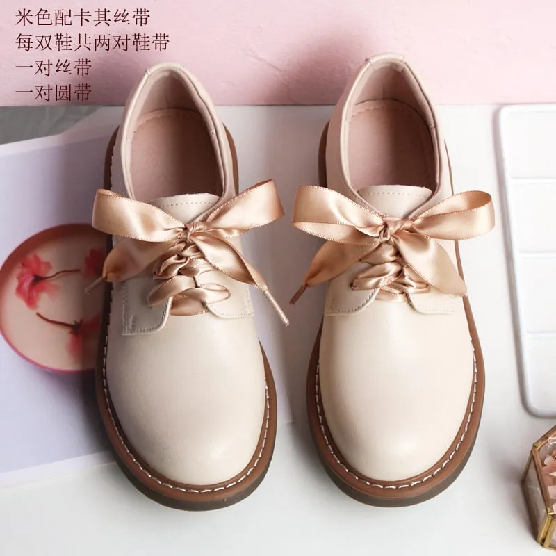Genuine Leather Japanese Little Pink Shoes Girl Student Cute Soft Sweet Girl Flats Shoes For Women Bow Laces Female Low Heel Cos