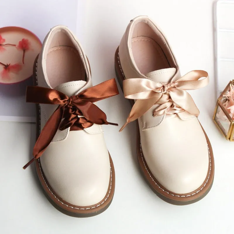 Genuine Leather Japanese Little Pink Shoes Girl Student Cute Soft Sweet Girl Flats Shoes For Women Bow Laces Female Low Heel Cos