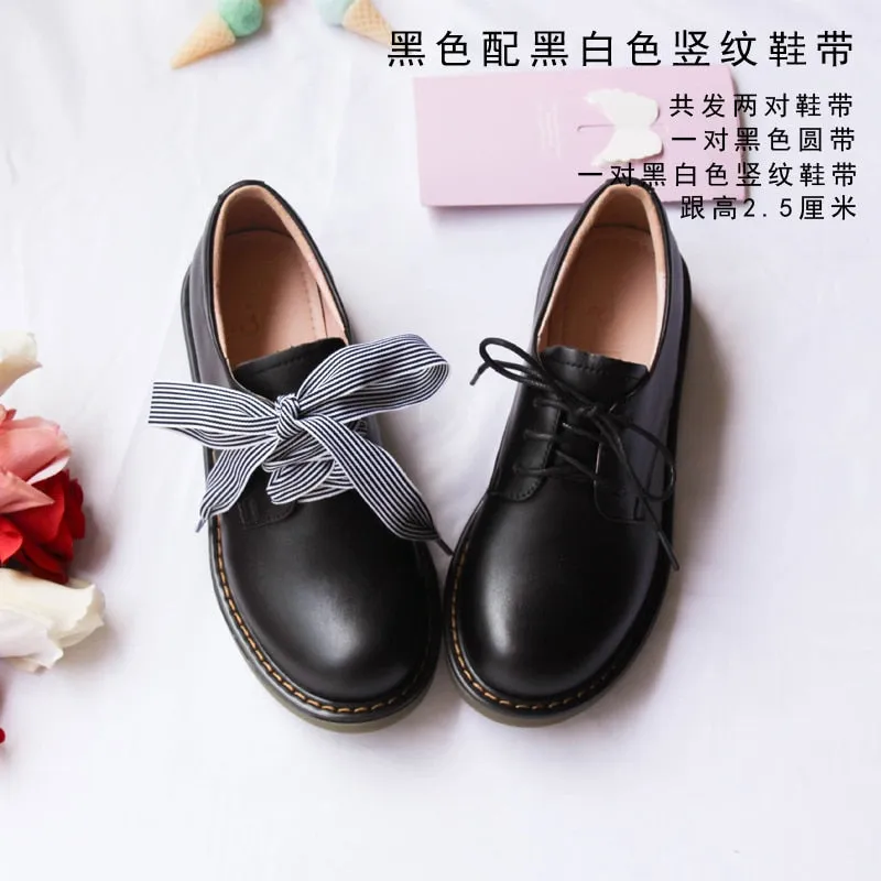 Genuine Leather Japanese Little Pink Shoes Girl Student Cute Soft Sweet Girl Flats Shoes For Women Bow Laces Female Low Heel Cos