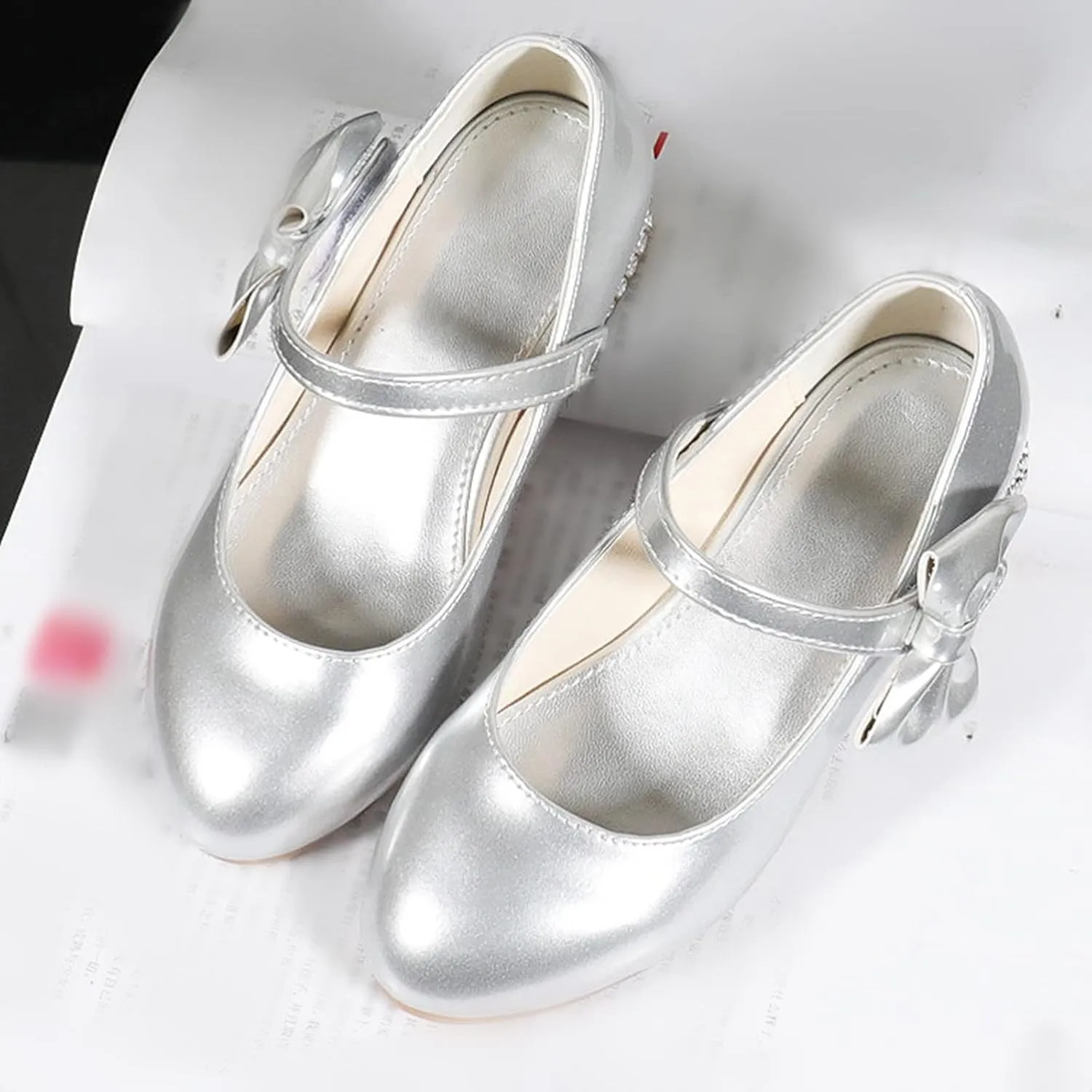 Girls Mary Jane Dress Shoes for Kids Bowknot Hook and Loop Low Heel Flower Girl Wedding Flat Kids Wide Tennis Shoes