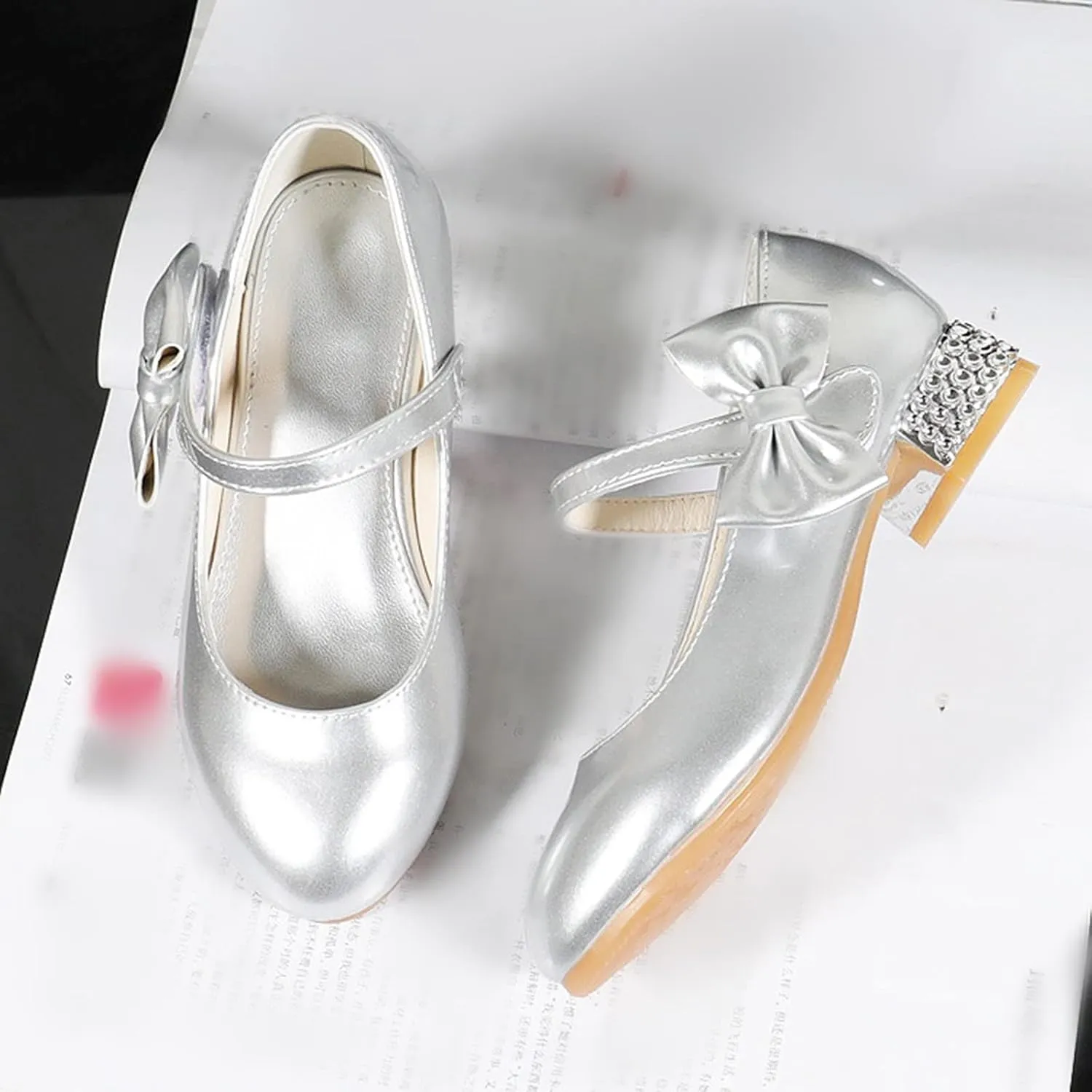 Girls Mary Jane Dress Shoes for Kids Bowknot Hook and Loop Low Heel Flower Girl Wedding Flat Kids Wide Tennis Shoes