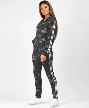 Grey Camouflage Side Stripe Tracksuit Loungewear Set