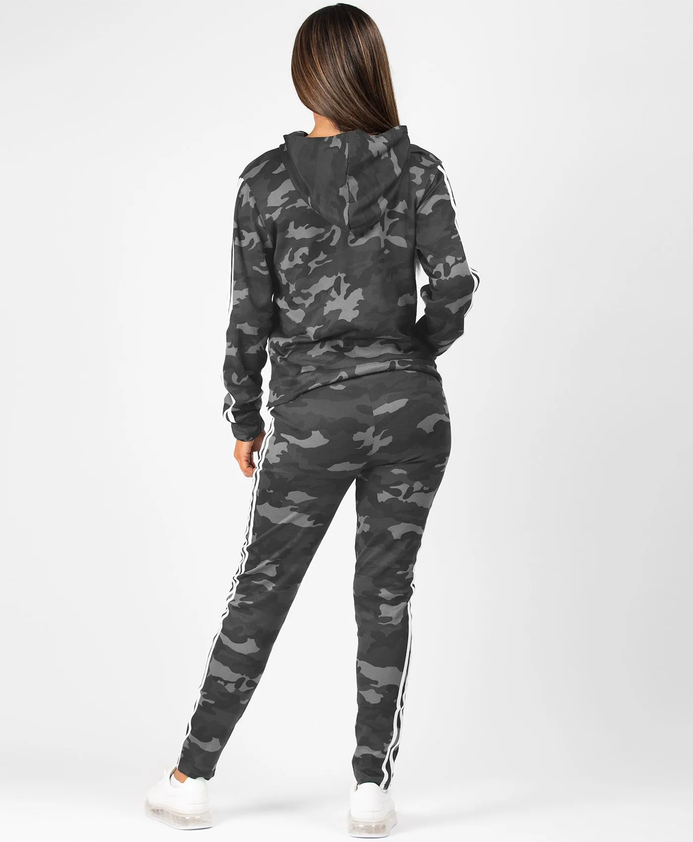 Grey Camouflage Side Stripe Tracksuit Loungewear Set