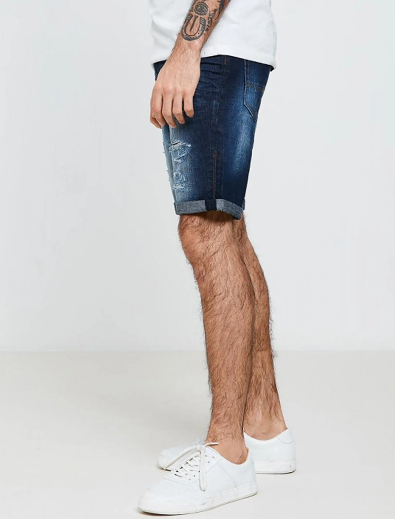 Kal Ripped Denim Shorts in Dark Wash