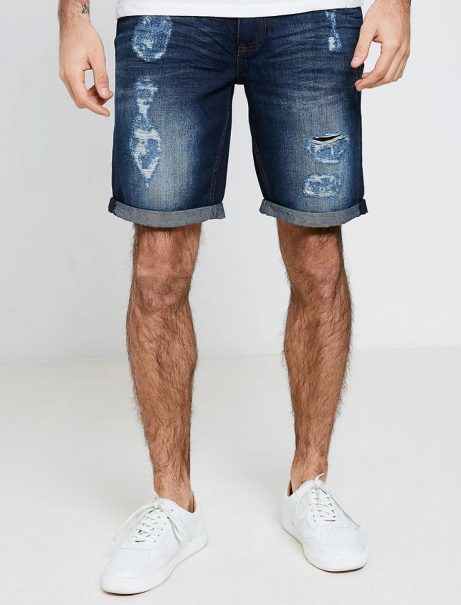 Kal Ripped Denim Shorts in Dark Wash