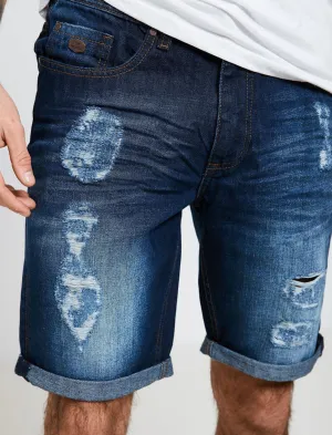 Kal Ripped Denim Shorts in Dark Wash