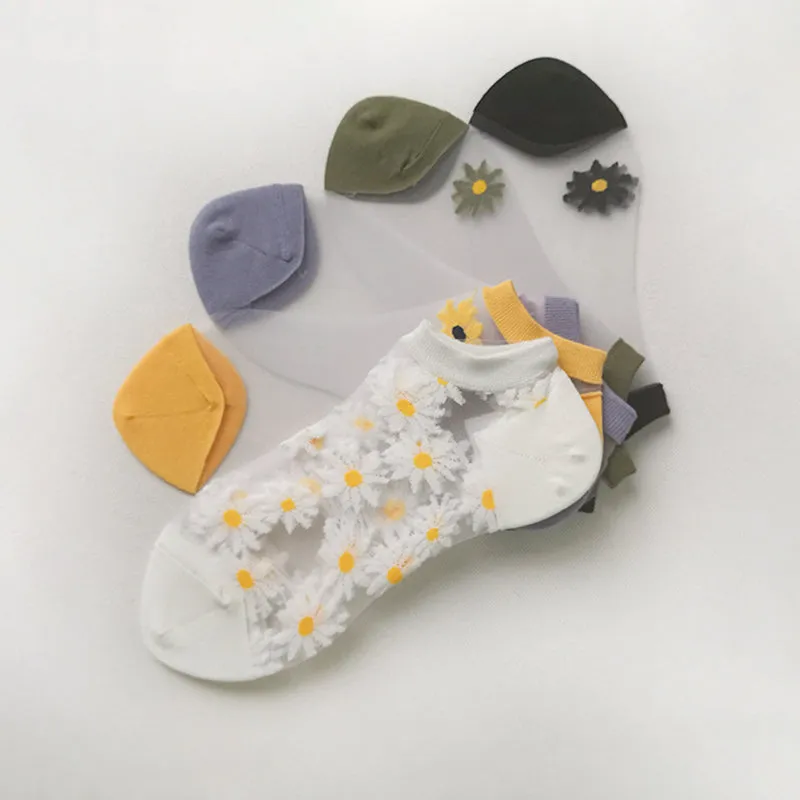 Korean Style Daisy Flower Transparent Socks (10 Pcs)