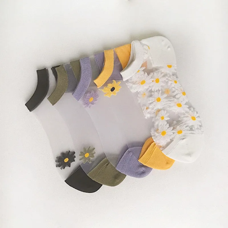 Korean Style Daisy Flower Transparent Socks (10 Pcs)