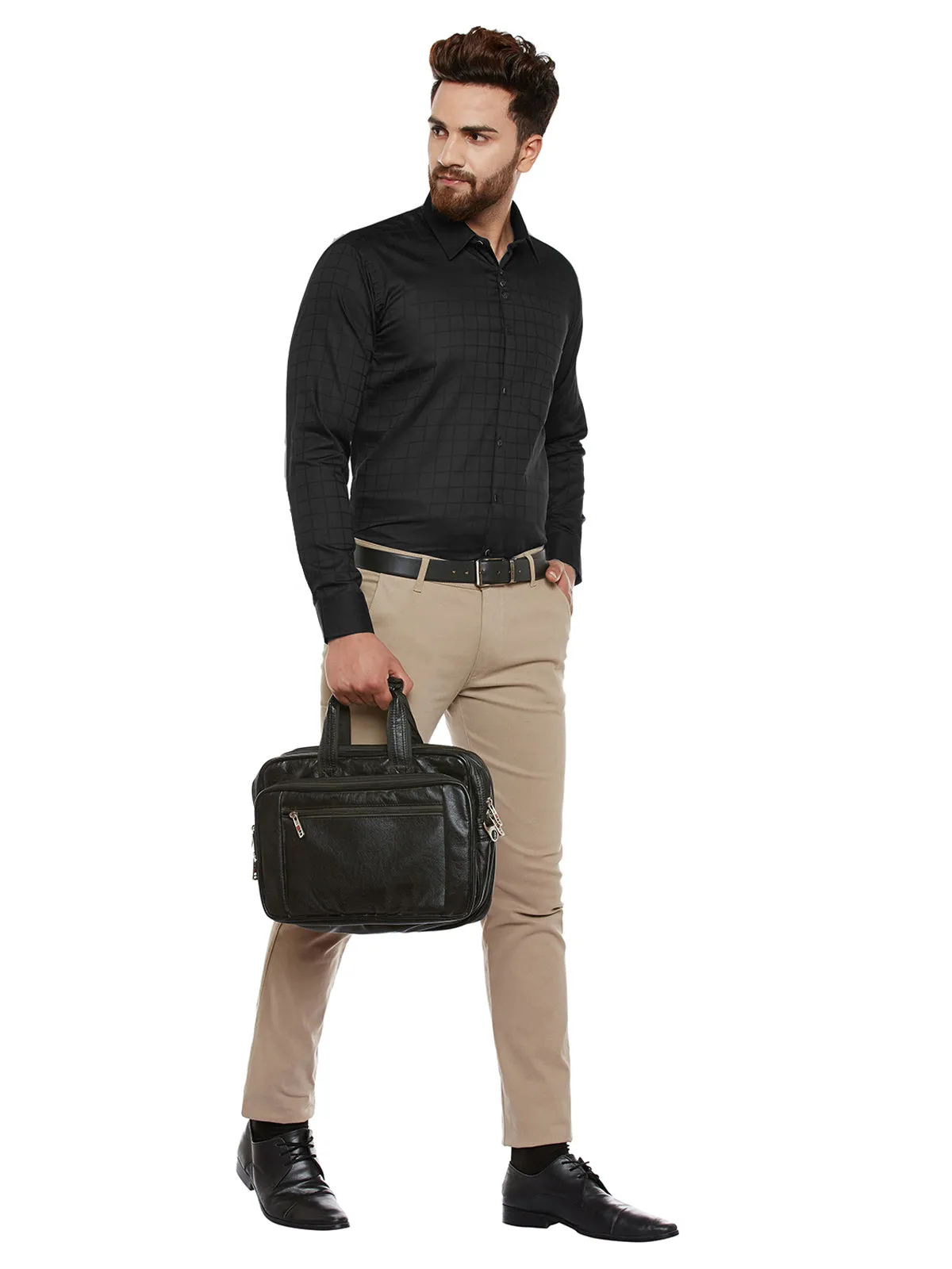 Men Black Self Designed Pure Cotton Slim Fit Casual Shirt