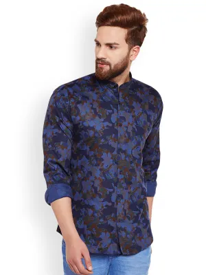 Men Blue Camouflage Printed Pure Cotton Slim Fit Casual Shirt