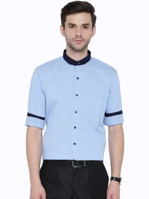 Men Blue Jacquard Pure Cotton Slim Fit Casual Shirt
