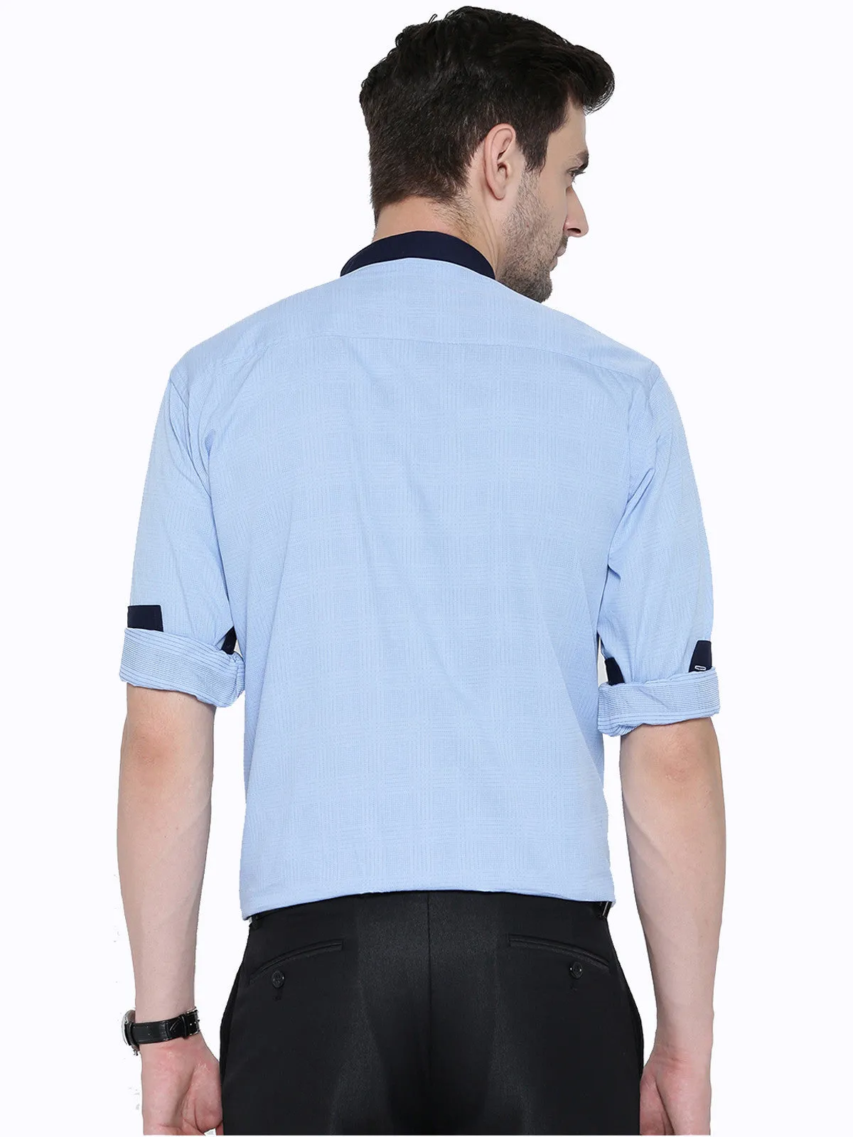 Men Blue Jacquard Pure Cotton Slim Fit Casual Shirt