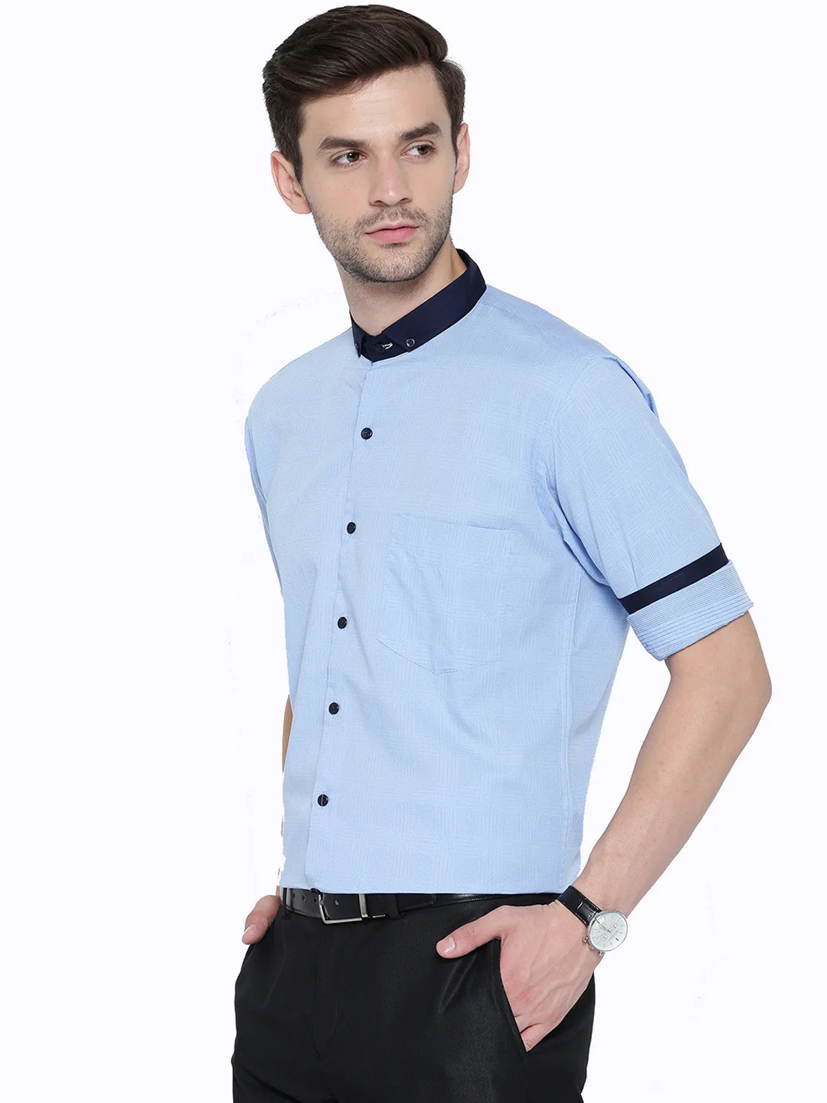 Men Blue Jacquard Pure Cotton Slim Fit Casual Shirt