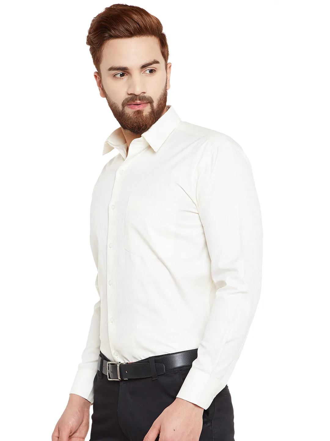 Men Cream Solid Pure Cotton Slim Fit Formal Shirt