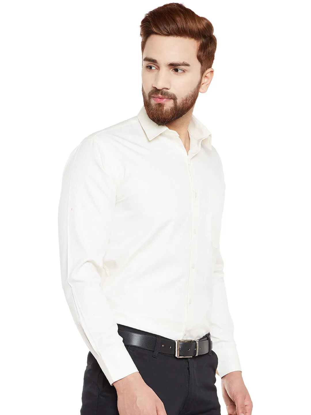 Men Cream Solid Pure Cotton Slim Fit Formal Shirt
