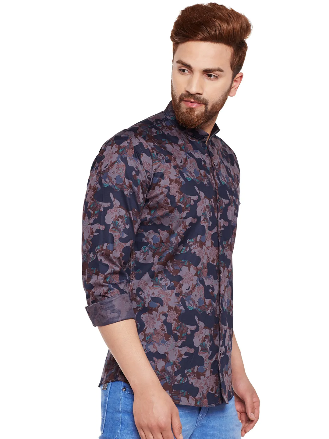 Men Grey Camouflage Printed Pure Cotton Slim Fit Casual Shirt