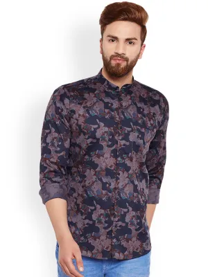 Men Grey Camouflage Printed Pure Cotton Slim Fit Casual Shirt