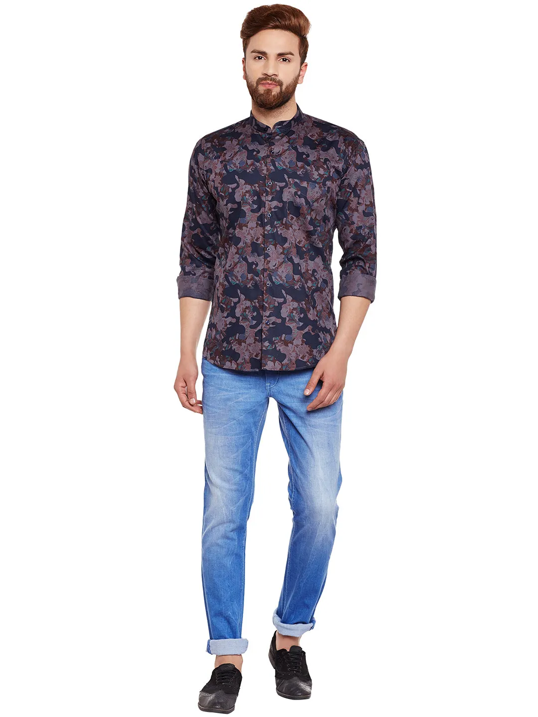 Men Grey Camouflage Printed Pure Cotton Slim Fit Casual Shirt