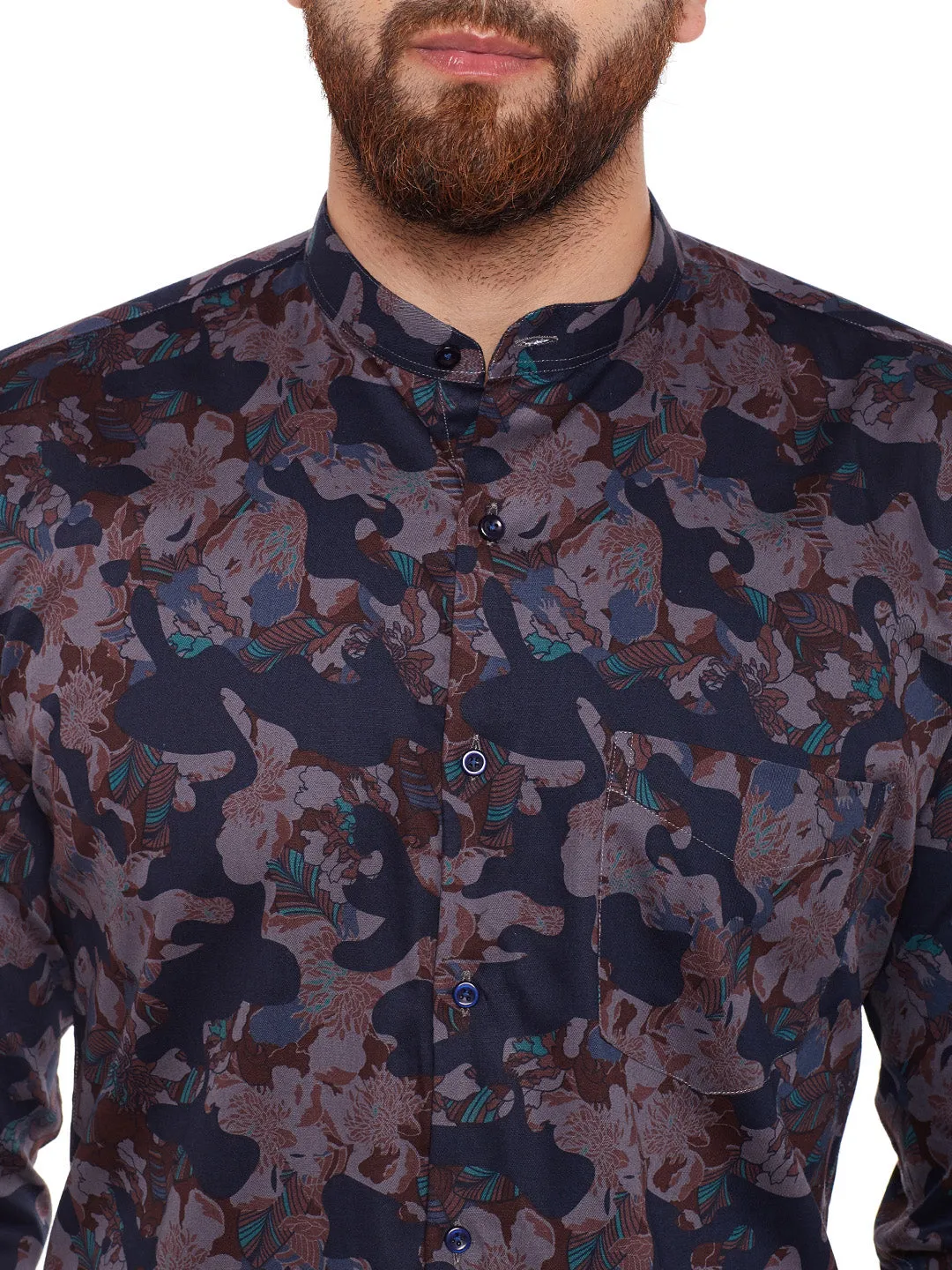 Men Grey Camouflage Printed Pure Cotton Slim Fit Casual Shirt