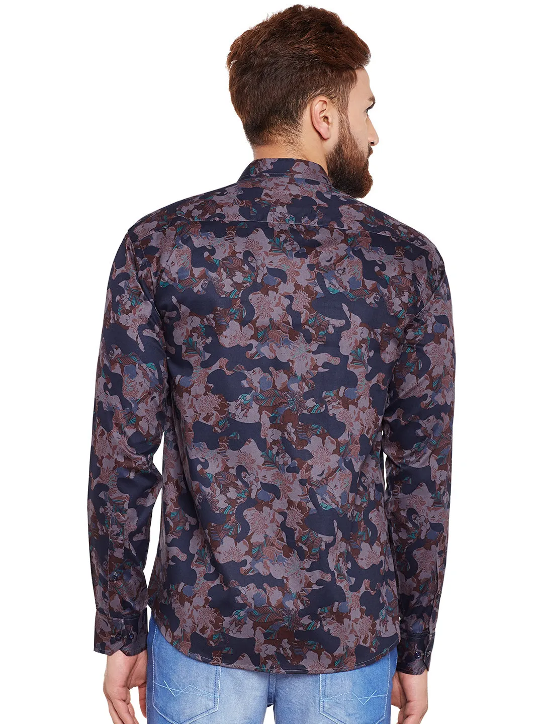 Men Grey Camouflage Printed Pure Cotton Slim Fit Casual Shirt