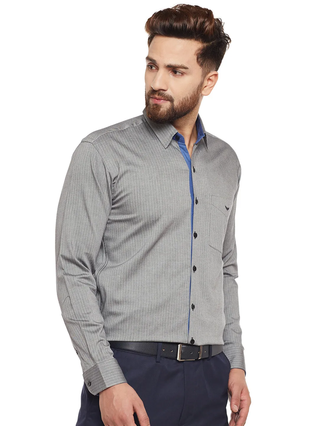 Men Grey Solid Pure Cotton Slim Fit Formal Shirt