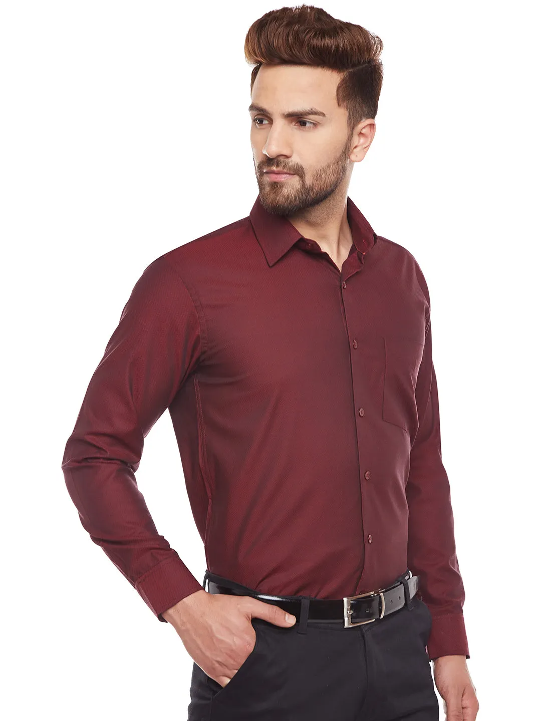 Men Maroon Slim Fit Solid Structured Slim Fit Formal Shirt