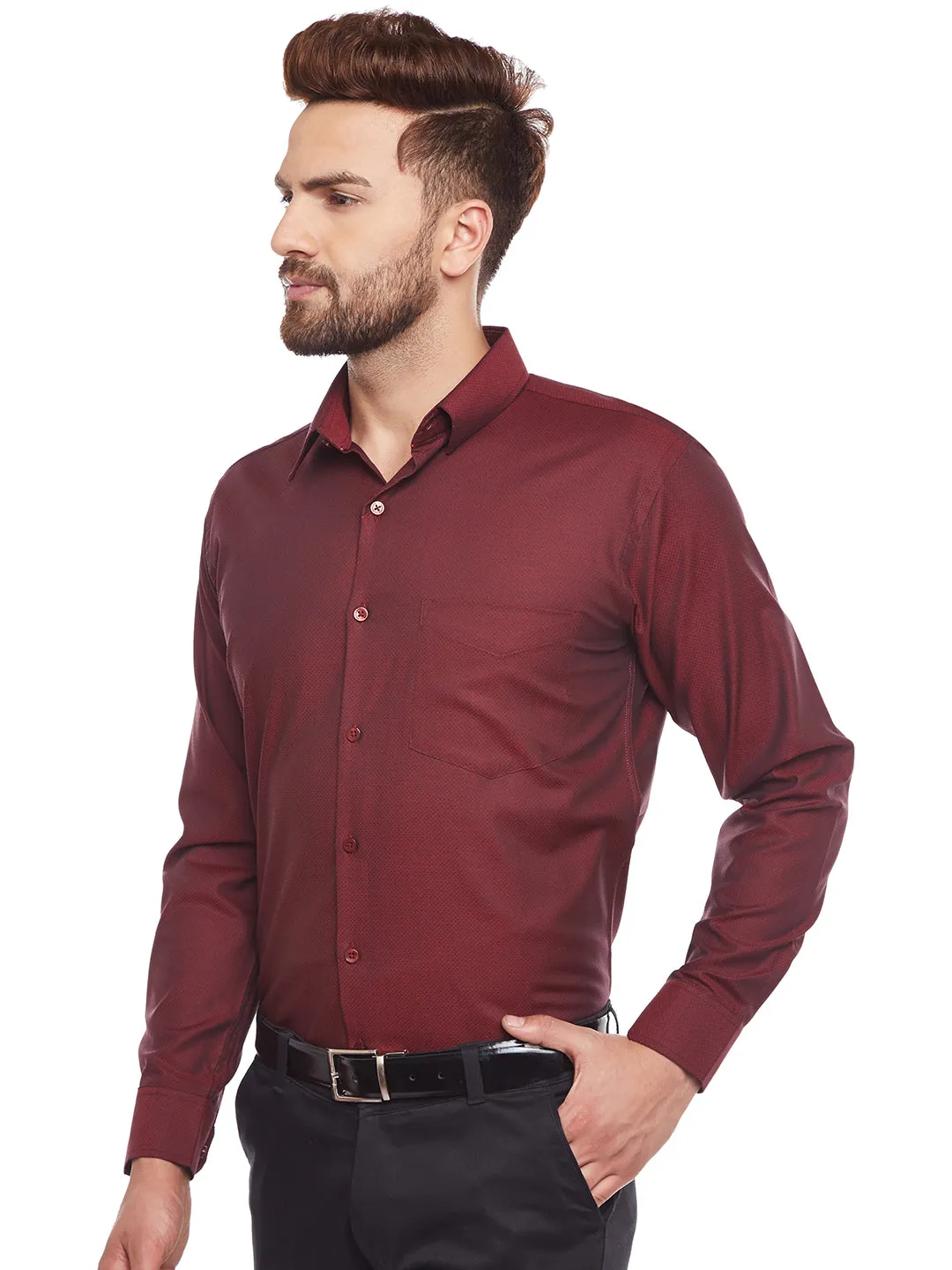 Men Maroon Slim Fit Solid Structured Slim Fit Formal Shirt