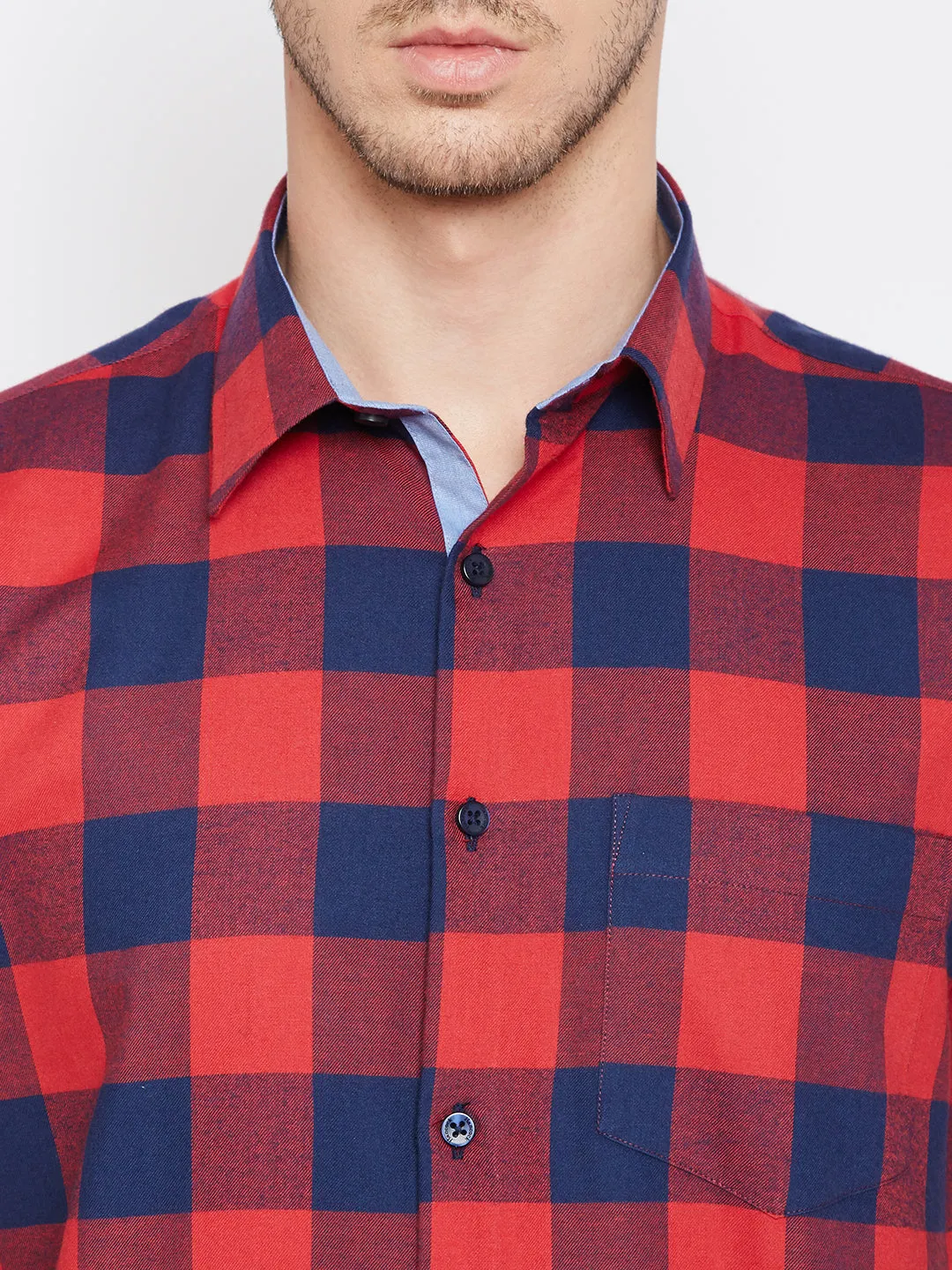 Men Navy &  Red Pure Cotton Checked Slim Fit Casual Shirt