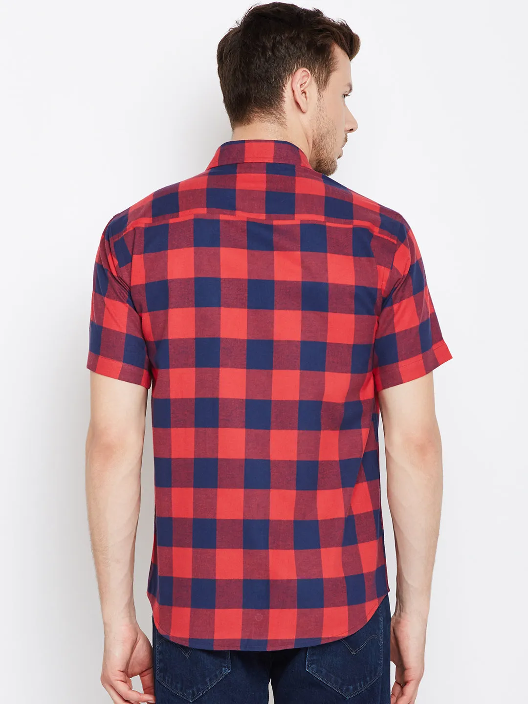 Men Navy &  Red Pure Cotton Checked Slim Fit Casual Shirt