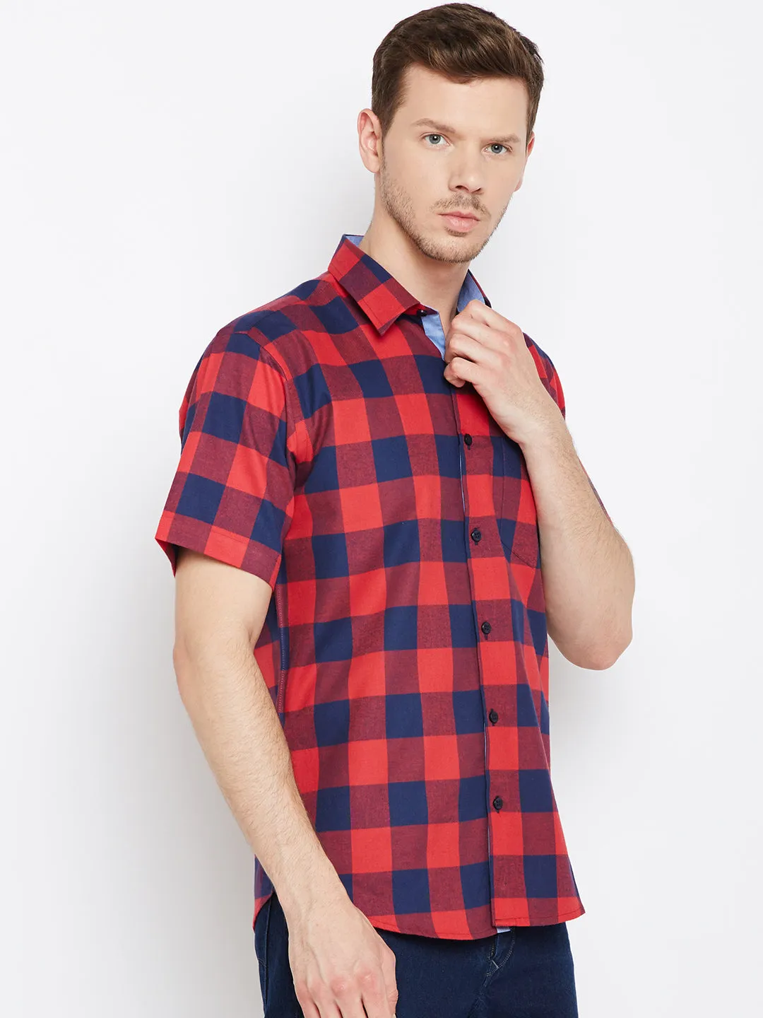 Men Navy &  Red Pure Cotton Checked Slim Fit Casual Shirt