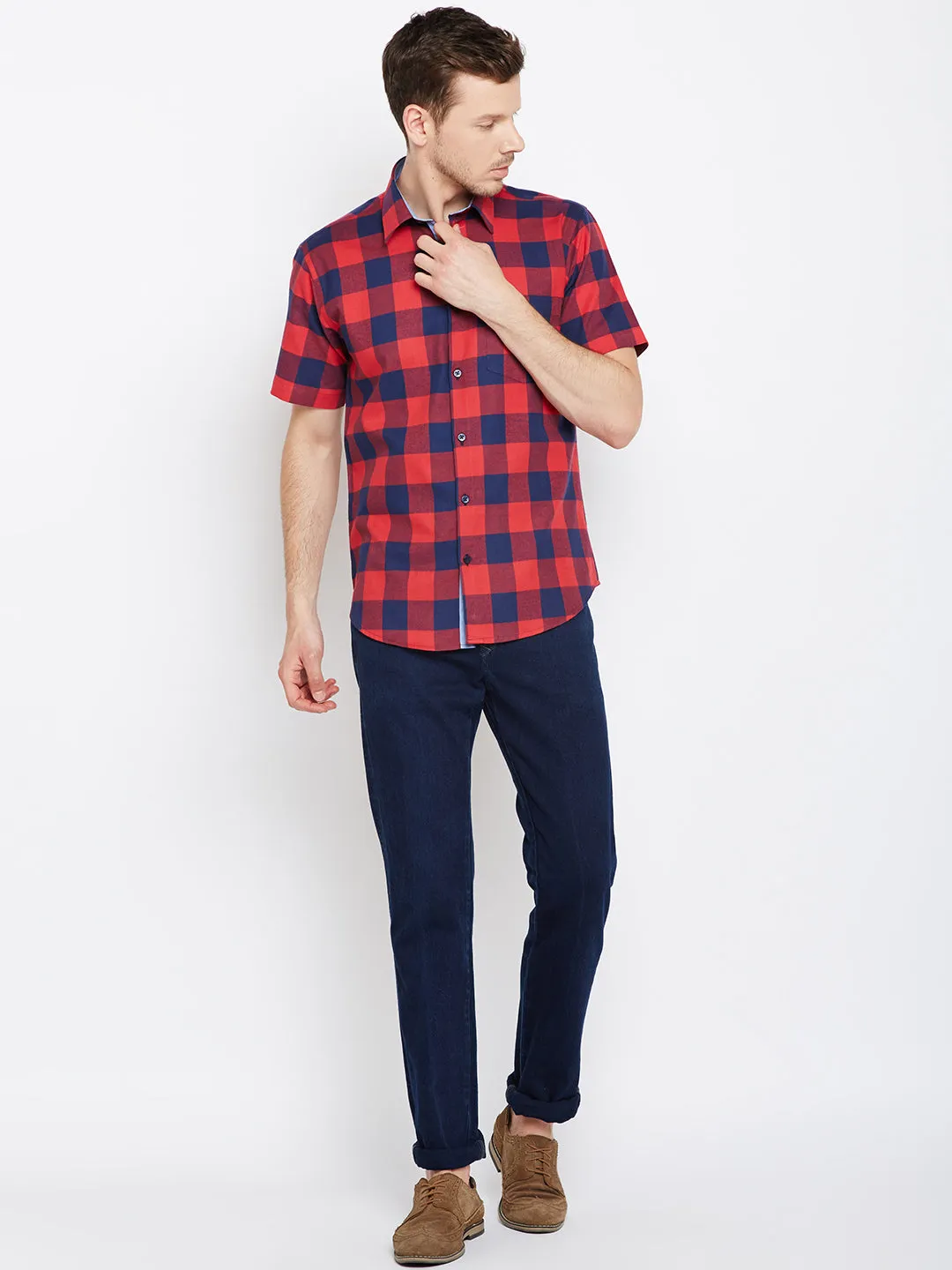 Men Navy &  Red Pure Cotton Checked Slim Fit Casual Shirt