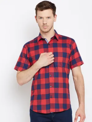 Men Navy &  Red Pure Cotton Checked Slim Fit Casual Shirt