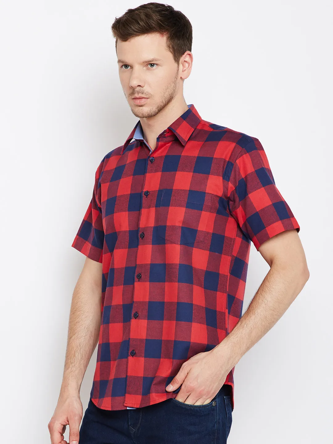 Men Navy &  Red Pure Cotton Checked Slim Fit Casual Shirt
