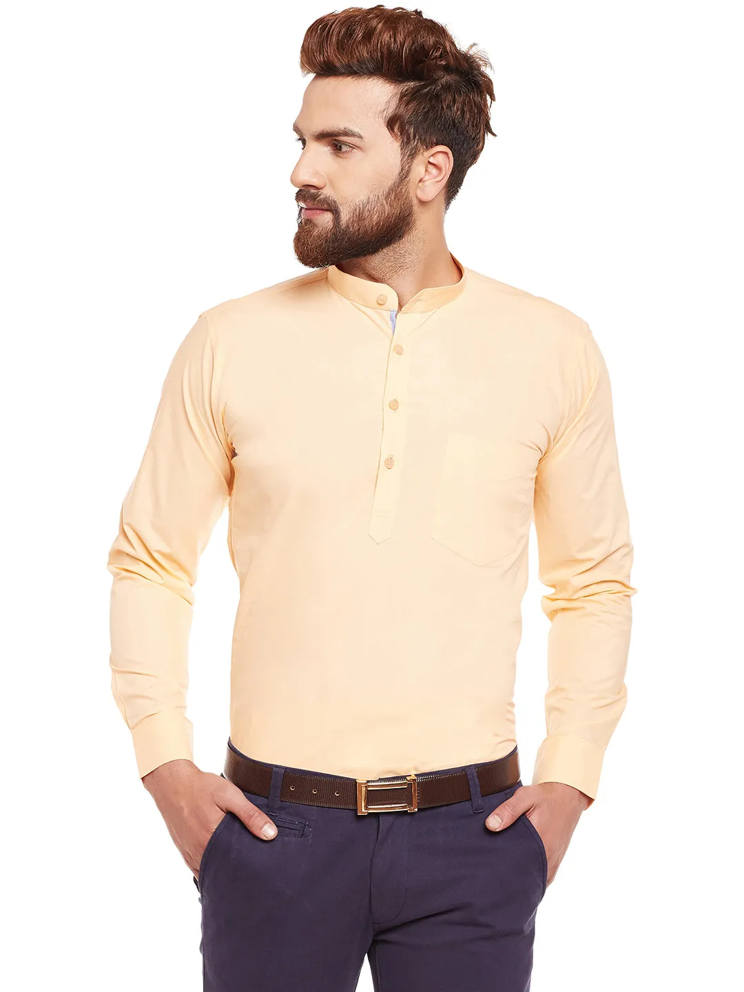 Men Peach Solid Mandarin Collar Pure Cotton Slim Fit Formal Shirt