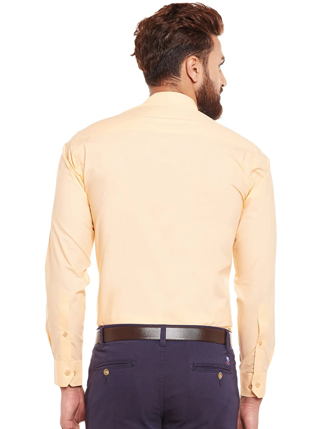 Men Peach Solid Mandarin Collar Pure Cotton Slim Fit Formal Shirt
